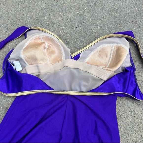80s Longitude Royal Purple Ruched Faux Button Madonna One Piece Swimsuit 14 TALL - Picture 5 of 8